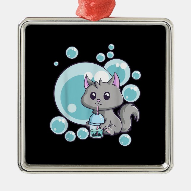 Cat Bubble Tea Gift | Funny Boba Tea Cats Design Julgransprydnad Metall (Framsidan)
