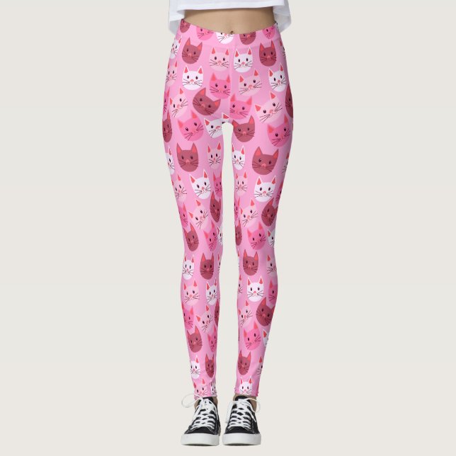Cat Cat Ansikte Mönster Rosa Leggings (Framsida)
