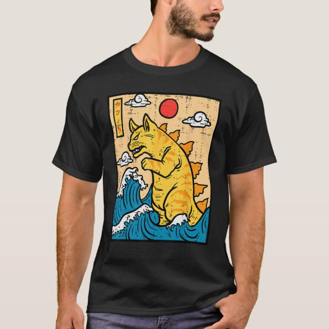 Cat Catzilla Funny Japanese Wave Art Men Women Kid T Shirt (Framsida)