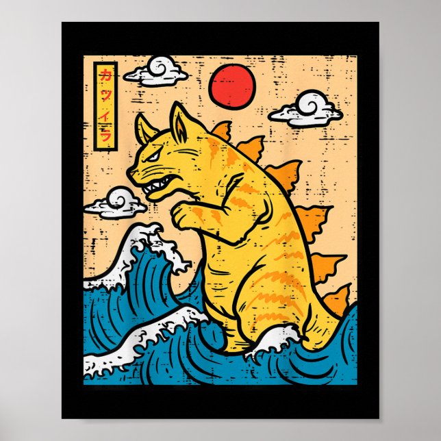 Cat Catzilla Funny Japansk Wave Art Manar Women Ki Poster (Framsidan)