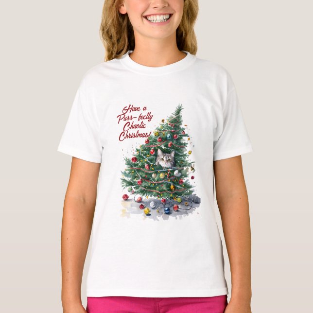 Cat Chaos Christmas Tree Design Watercolor T Shirt (Framsida)