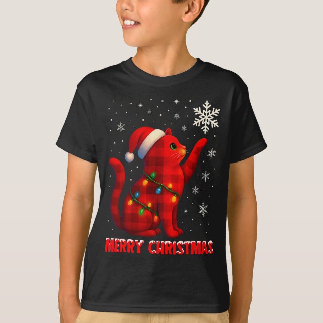 Cat Christmas Light Reindeer Santa Christmas Cat L T Shirt (Framsida)