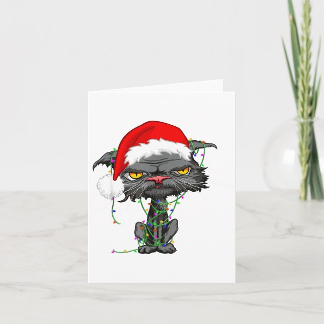 Cat Christmas Lights Bored Cat Santa Hat Funny Cat Kort (Framsida)