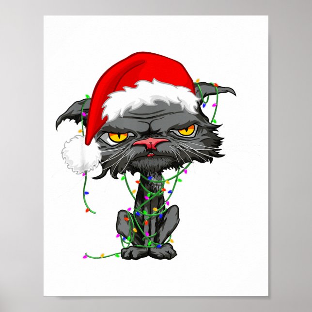 Cat Christmas Lights Bored Cat Santa Hat Funny Cat Poster (Framsidan)