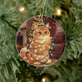 Cat & Christmas Lights – Playful Cat Julgransprydnad Keramik