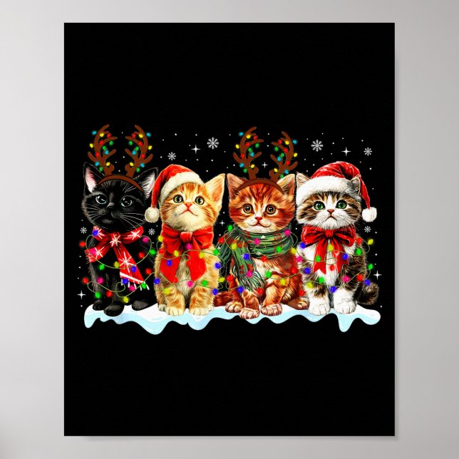 Cat Christmas Lights Reindeer Santa Cat Lover Xmas Poster (Framsidan)