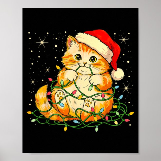 Cat Christmas Lights Santa Hat Xmas Cats Lover Pet Poster (Framsidan)