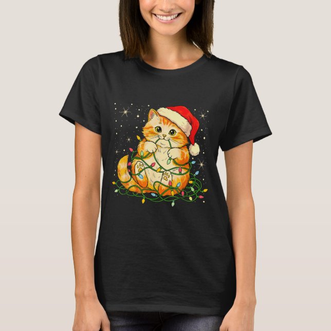 Cat Christmas Lights Santa Hat Xmas Cats Lover Pet T Shirt (Framsida)