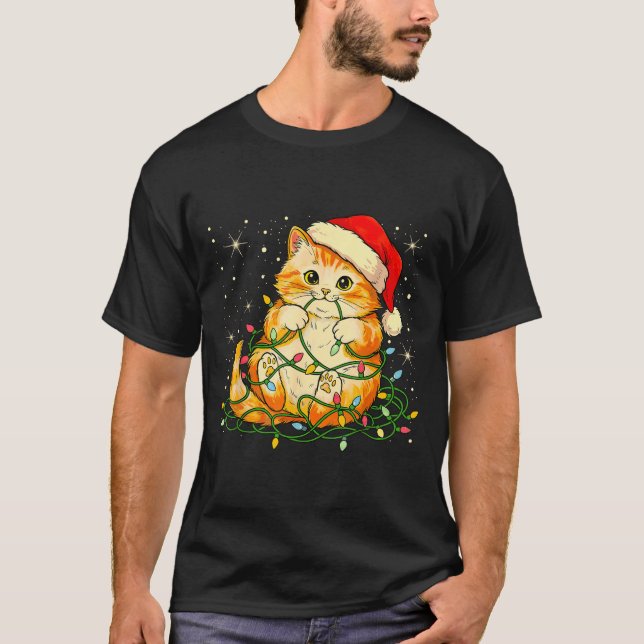 Cat Christmas Lights Santa Hat Xmas Cats Lover Pet T Shirt (Framsida)