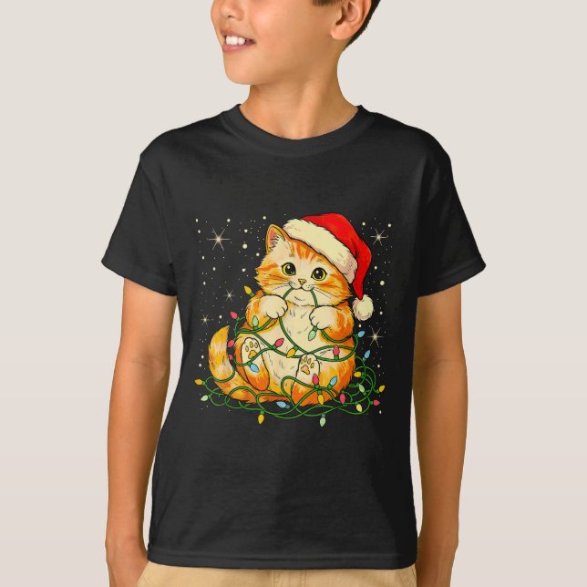 Cat Christmas Lights Santa Hat Xmas Cats Lover Pet T Shirt (Framsida)