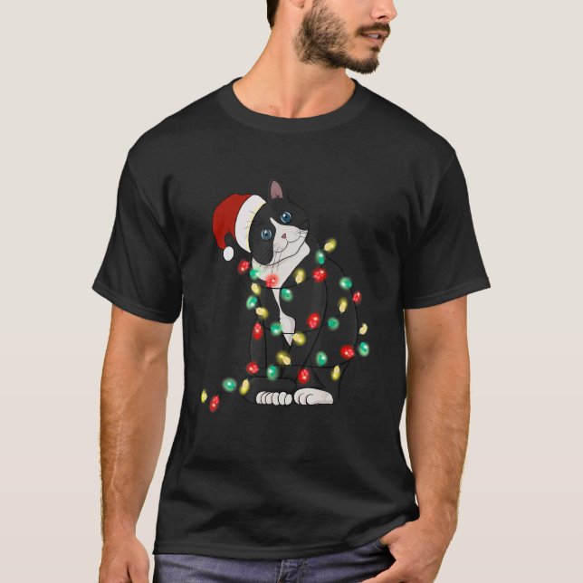 Cat Christmas Lights Tree Santa Hat Cat   Christma T Shirt (Framsida)