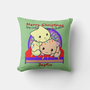 Cat christmas på sängen, personlig namn kudde