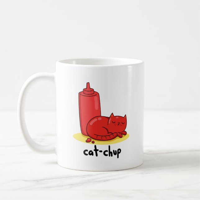 Cat chup Funny Red Ketchup Cat Pun Kaffemugg (Vänster)