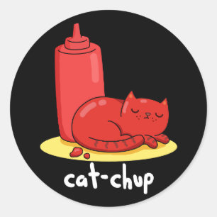 Cat chup Funny Red Ketchup Cat Pun Mörk BG Runt Klistermärke