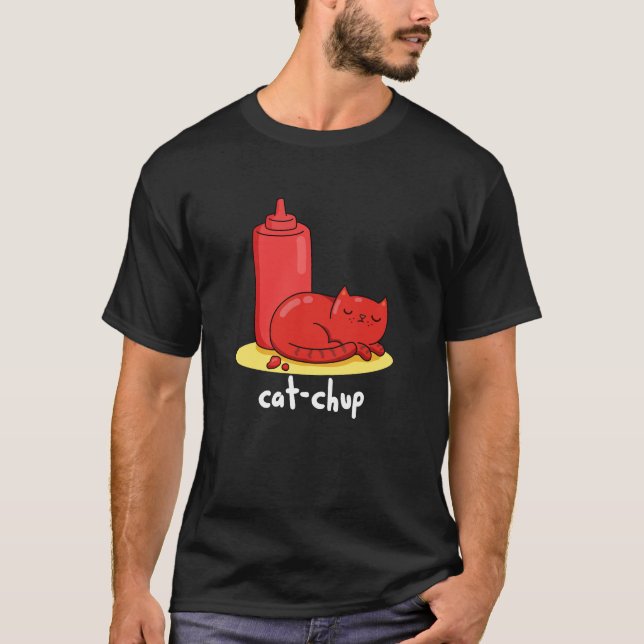 Cat chup Funny Red Ketchup Cat Pun Mörk BG T Shirt (Framsida)