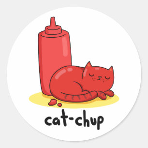 Cat chup Funny Red Ketchup Cat Pun Runt Klistermärke
