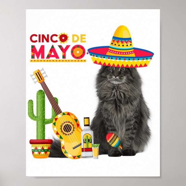 Cat Cinco De Mayo Kärlek Guitar Cactus Drinking Kä Poster (Framsidan)