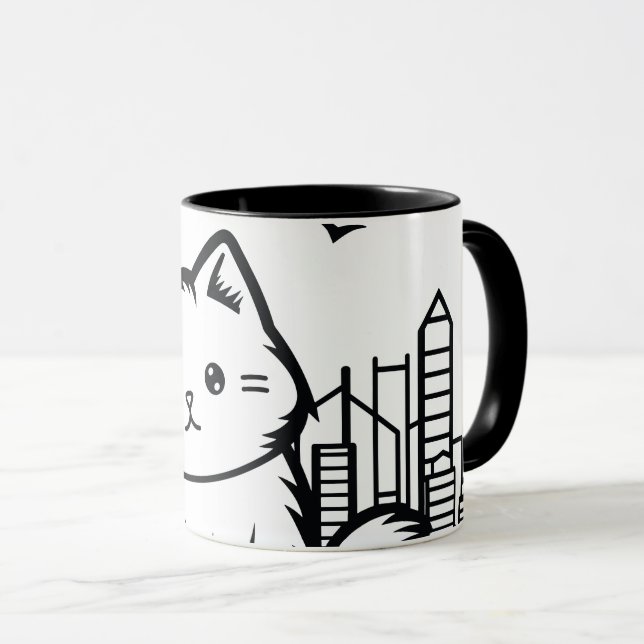 Cat Cityscape Hårig Cute Vector-grafik Mugg (Framsida höger)