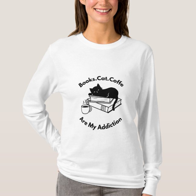 Cat Coffee Book Lover T-Shirt, Cozy Reader Aesthet T Shirt (Framsida)