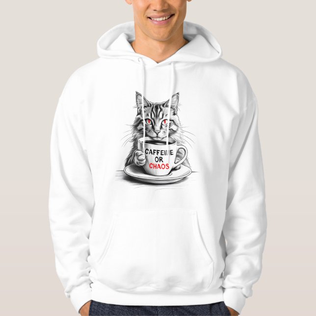 Cat Coffee – Caffeine or Chaos Funny Quote Hoodie (Framsida)