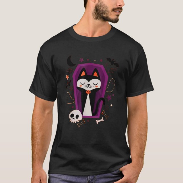 Cat Coffin Spooky Vampire Vintage Halloween T Shirt (Framsida)
