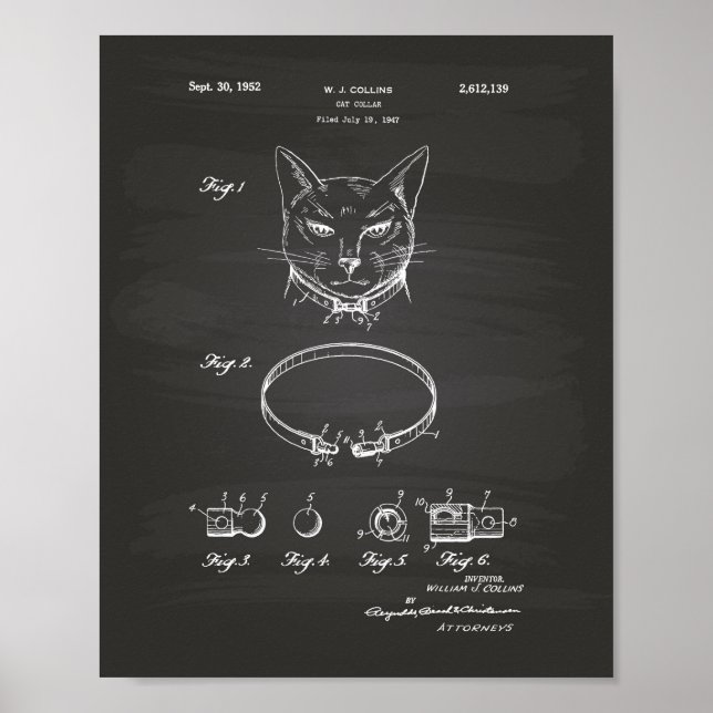 Cat Collar 1952 Patent Art Chalkboard Poster (Framsidan)