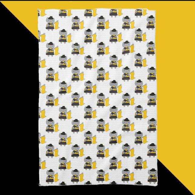 Cat Color Guard Black and Yellow Pattern Kökshandduk (A kitchen towel with a pattern of gray cats with black and yellow color guard uniforms.)