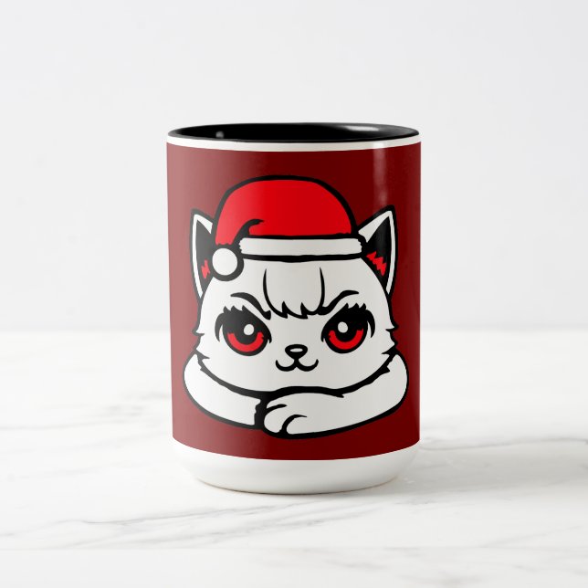 Cat Confident Santa Hat Crossed Arms Christmas Två-Tonad Mugg (Center)