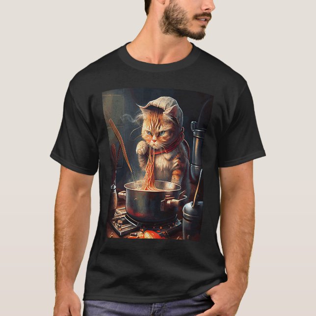 Cat Cooking Noodles T Shirt (Framsida)