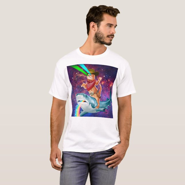Cat Cowboy rider en hak som kör ett regnbåge T Shirt (Hel framsida)
