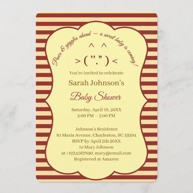 Cat Cream Burgundy Stripes Baby Shower  Inbjudningar (Framsida)