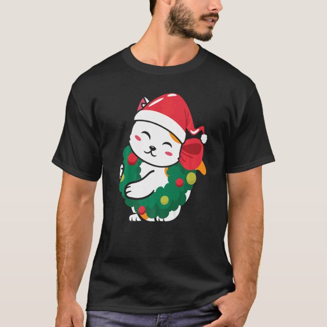 Cat Cute Cat Santa Hat-julsötare T Shirt (Framsida)