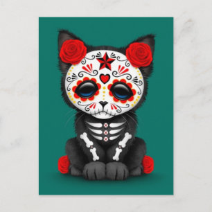 Cat Cute Red Day of the dead Kitten, tårblått Vykort