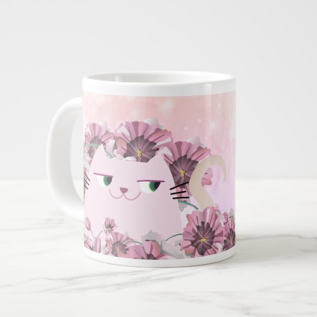 Cat Cute Rosa Flowers Jumbo Mugg (Framsida vänster)