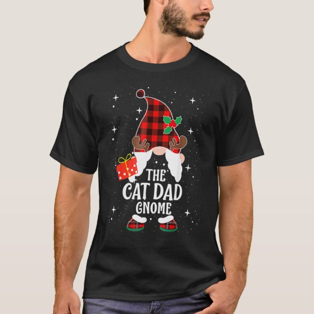 Cat Dad Gnome Buffalo Plaid Matching Family Christ T Shirt (Framsida)