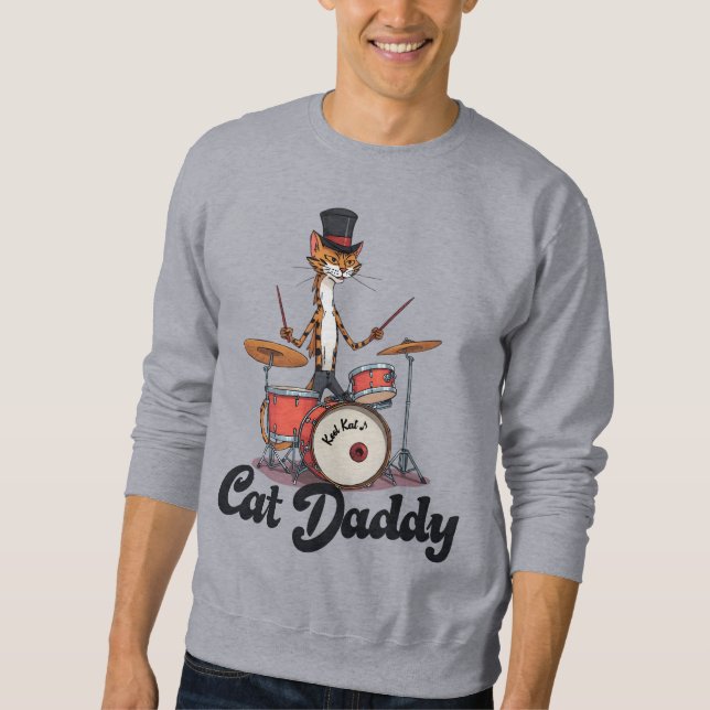Cat Daddy Musician Drummer | Tabby Cats Art Lover Lång Ärmad Tröja (Framsida)