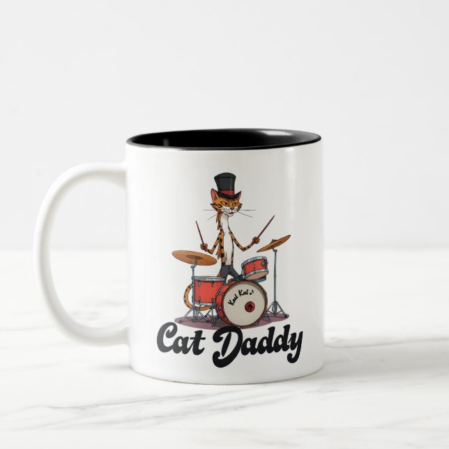 Cat Daddy Musician Drummer | Tabby Cats Art Lover Två-Tonad Mugg (Vänster)