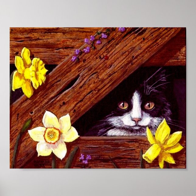 Cat Daffodils Barn Original Art Creationarts Poster (Framsidan)