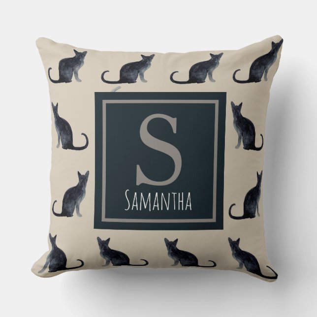 Cat Dam Taupe Watercolor Black Kattunge Mönster Kudde (Framsida)