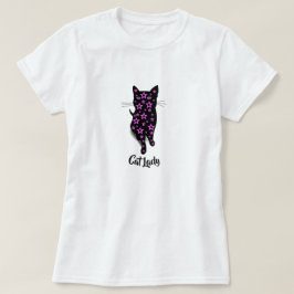 Cat Dam Typografi med Rosa Stars och svart katt Tee