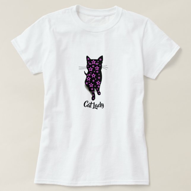 Cat Dam Typografi med Rosa Stars och svart katt Tee (Design framsida)