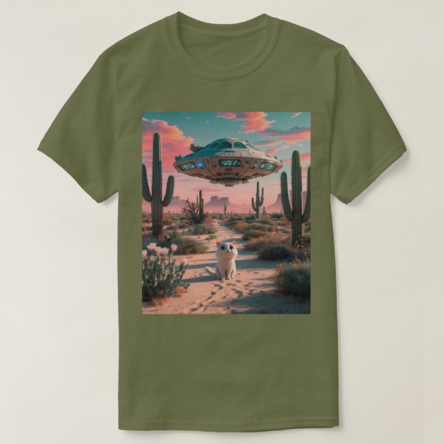 Cat Desert UFO-trötthet Grönt T-Shirt (Design framsida)