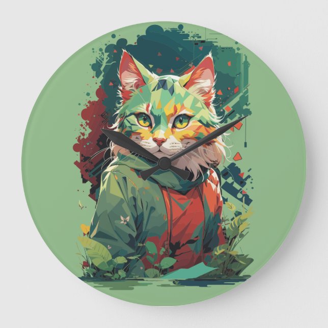 Cat Design Cute Fantasy Färg Stänk Stor Klocka (Framsida)