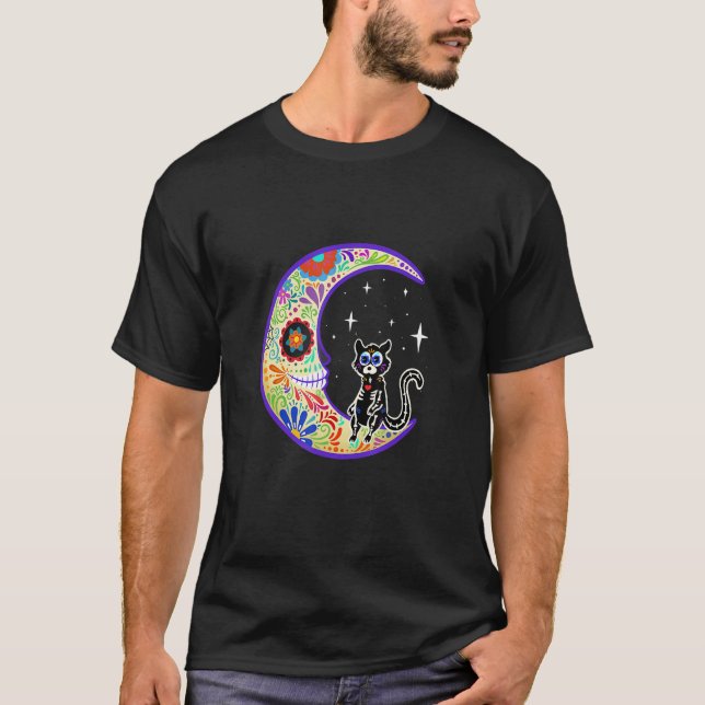 Cat Dia De Los Muertos Skeleton Sugar Skull T Shirt (Framsida)
