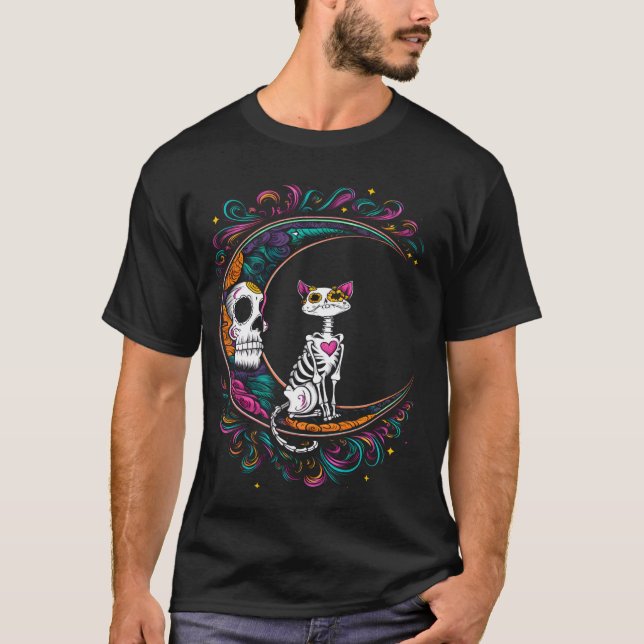 Cat Dia De Los Muertos Sugar Skull Halloween Costu T Shirt (Framsida)