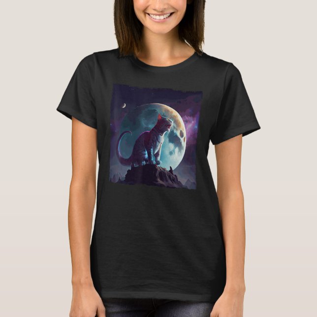 Cat Dinosaur Moon T Shirt (Framsida)
