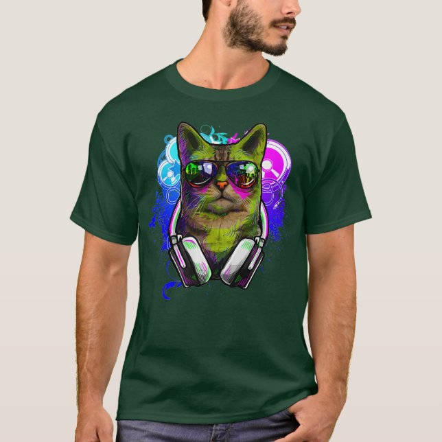 Cat DJ Shirt Rave DJ Cat Shirt EDM Rave Shirt T (Framsida)