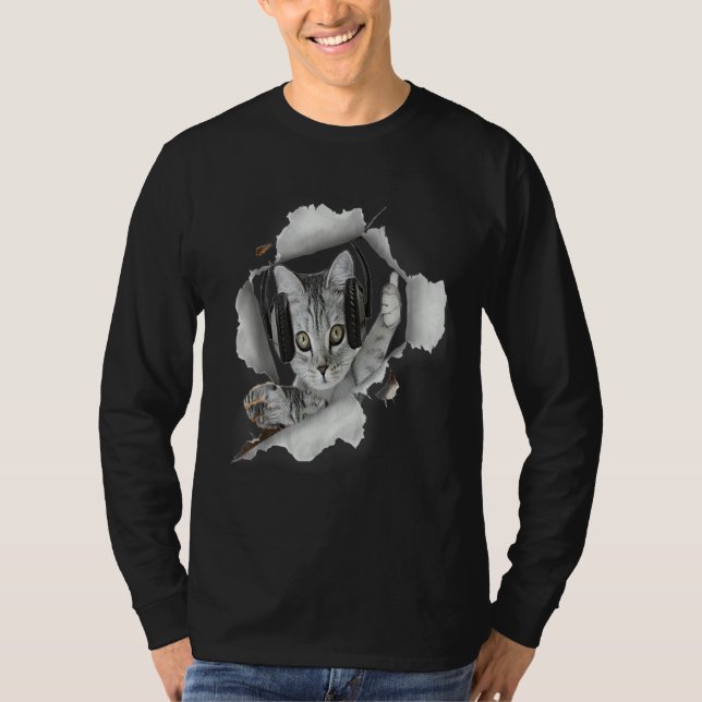 Cat Dj Torn Cloth T Shirt (Framsida)