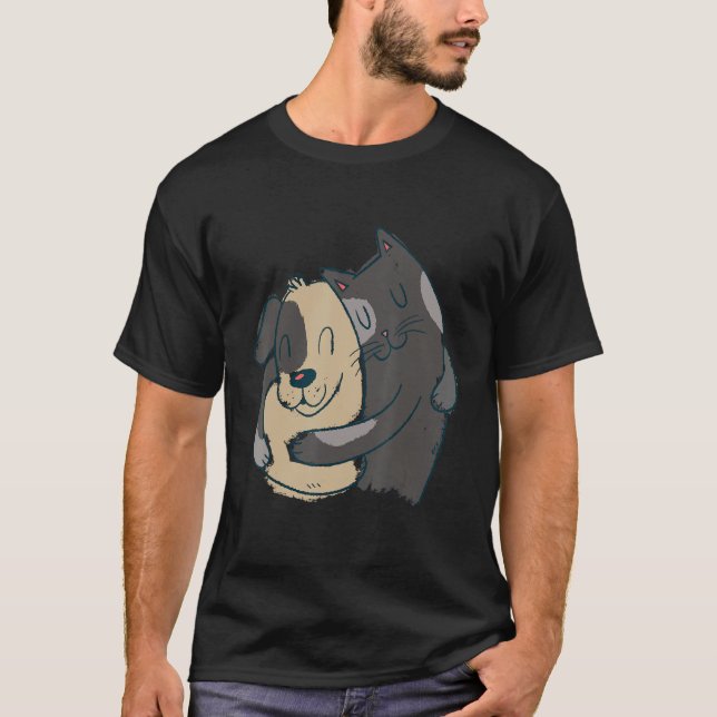 cat dog hug pet   store motif graphic design rando t shirt (Framsida)