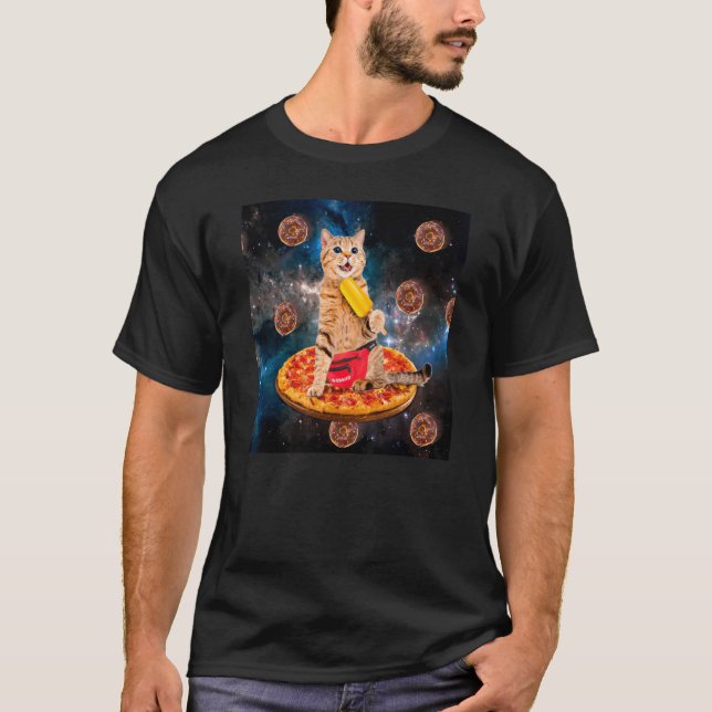 Cat Donut Riding Pizza Eating Ice Cream Galaxy Spa T Shirt (Framsida)